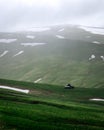 Green field on the plateau. Peaceful meadows