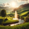 a green field, beside a river, with a fountain of water, on the hill, a natural picture of the world, sunlight, sunny weather