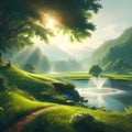 a green field, beside a river, with a fountain of water, on the hill, a natural picture of the world, sunlight, sunny weather