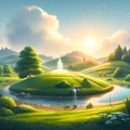 a green field, beside a river, with a fountain of water, on the hill, a natural picture of the world, sunlight, sunny weather