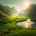 a green field, beside a river, with a fountain of water, on the hill, a natural picture of the world, sunlight, sunny weather