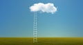 Green field with stairway put to cloud on blue sky