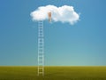 Green field with stairway put to cloud on blue sky