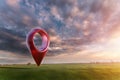 Green field and sunset with destination big red pin location. Concept of goal, dream, end, picnic, victory. mixed media