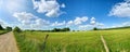 Green field with trees and blue sky. Panoramic view to grass, trees and flowers on the hill on sunny spring day Royalty Free Stock Photo