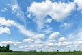 Green field, trees and blue sky with white clouds.