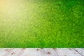 Green field under blue sky. Wood planks floor. Beauty nature background Royalty Free Stock Photo
