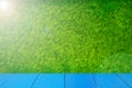 Green field under blue sky. Wood planks floor. Beauty nature background Royalty Free Stock Photo