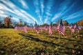 Green Field of veterans day american flags waving in the breeze. Generative ai Royalty Free Stock Photo