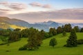 Green field and view of Trzy Korony, Pieniny Mountains Peak in Poland at Spring. Royalty Free Stock Photo