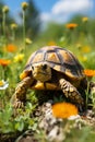 Green field with wildflowers and a land turtle on international turtle protection day in summer