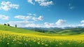 Green field with yellow dandelions and blue sky. Royalty Free Stock Photo