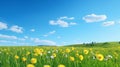 Green field with yellow dandelions and blue sky. Royalty Free Stock Photo