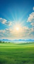 Green fields on a beautiful summer day under a blue sky with white clouds and a bright sun. Royalty Free Stock Photo