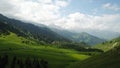 Green fields with firs, snowy mountains and large clouds. A clear blue sky. Royalty Free Stock Photo