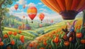 Green fields with flowers and hot air balloons flying Royalty Free Stock Photo