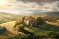 Green fields, hill and cottage, rural landscape at sunset. Generative AI Royalty Free Stock Photo