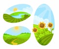 Green Fields and Pasture with Grass and Sunflower Vector Set Royalty Free Stock Photo