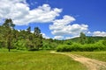 Green fields, rural road and mountains summer landscape Royalty Free Stock Photo