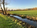 Green fields and stream in winter, Somerset, UK