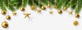 Christmas banner with fir branches,bow, stars and christmas balls isolated on transparent background. Royalty Free Stock Photo