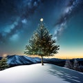 Green Fir Christmas Tree on a Snowy Hill Royalty Free Stock Photo