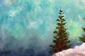 Green fir tree on abstract emerald oil paint texture on canvas, background art Royalty Free Stock Photo