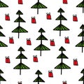 Green fir trees on a white background with gift box. Christmas Seamless pattern of winter cartoon forest. New Year Royalty Free Stock Photo