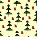 Green fir trees on a yellow background with red gift box. Christmas Seamless pattern of winter cartoon forest. New Year Royalty Free Stock Photo