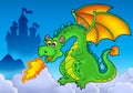 Green fire dragon with castle