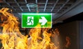 Green fire escape sign hang on the ceiling in the office Royalty Free Stock Photo