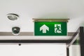 Fire exit sign on ceiling with opened door for emergency case Royalty Free Stock Photo