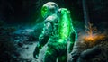 Green firefly bacteria ghostly glow on the armor spacesuit on the surface of polluted planet