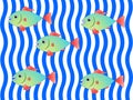 Green fish with red fins on background of blue and white waves Royalty Free Stock Photo
