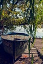 A green fishing boat, with side numbers on the platform. Royalty Free Stock Photo