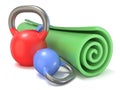 Green fitness mat and kettle bells weights. 3D