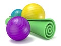 Green fitness mat and pilates ball. 3D