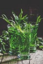 Green fizzy drink, halloween cocktail, with tarragon, vintage w Royalty Free Stock Photo