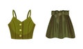 Green Flared Skirt with Bow on Waist and Buttoned Tank Top Vector Set