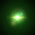 Green Flash with rays and spotlight. Realistic light glare, high loth, star glow. Lens flare effect on black background. Royalty Free Stock Photo