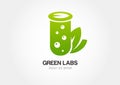 Green flask with leaves, lab icon. Vector logo design template