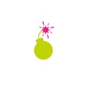 Green flat bomb icon. Round inclined to the right bomb with fuse and pink magenta fire. isolated on