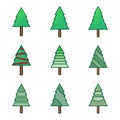 Green flat christmas tree symbol icons set