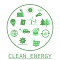 Green flat icon set related to renewable energy. Energy sources. Vector icons Royalty Free Stock Photo