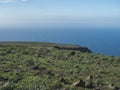 Green flat plateau on top of La Merica mountain with cacti, stones and sea view. valle Gran Rey, La Gomera, Canary