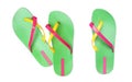 Green flip flops on white background, top view. Collage Royalty Free Stock Photo