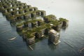 green floating community, with schools, hospitals and homes built on water