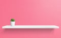 Green flower in white pot on white wooden texture shelf with pink concrete texture wall in background. Royalty Free Stock Photo