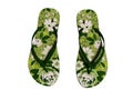 Green flowers beach slippers for girl top view 3d render on white background no shadow Royalty Free Stock Photo