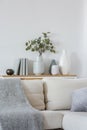 Green flowers in grey vase next to books on wooden console table in bright living room interior